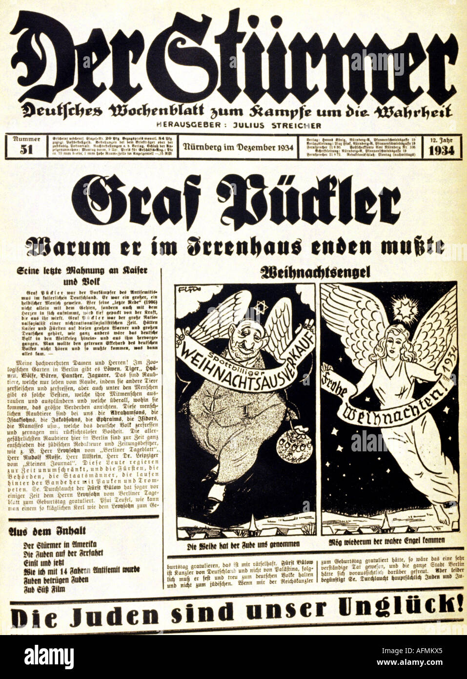 Nazisme / National socialisme, presse, journal 'er Stürmer', numéro 51, Nuremberg, décembre 1934, titre, caricature par Fips, noël, antisémitisme, Allemagne, troisième Reich, propagande, XXe siècle, , Banque D'Images