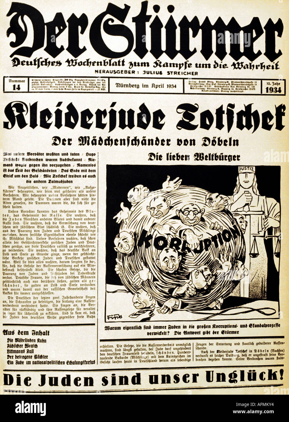 Nazisme / National socialisme, presse, journal 'er Stürmer', numéro 14, Nuremberg, avril 1934, titre, caricature de Fips, Banque D'Images