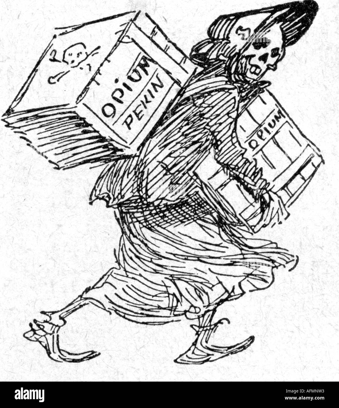 Drogue et dope, opium, commerce, caricature "guerre De L'Opium", dessin dans "le Rire", Paris, 1899, mort comme missionnaire, boîtes, Chine, Asie, , Banque D'Images