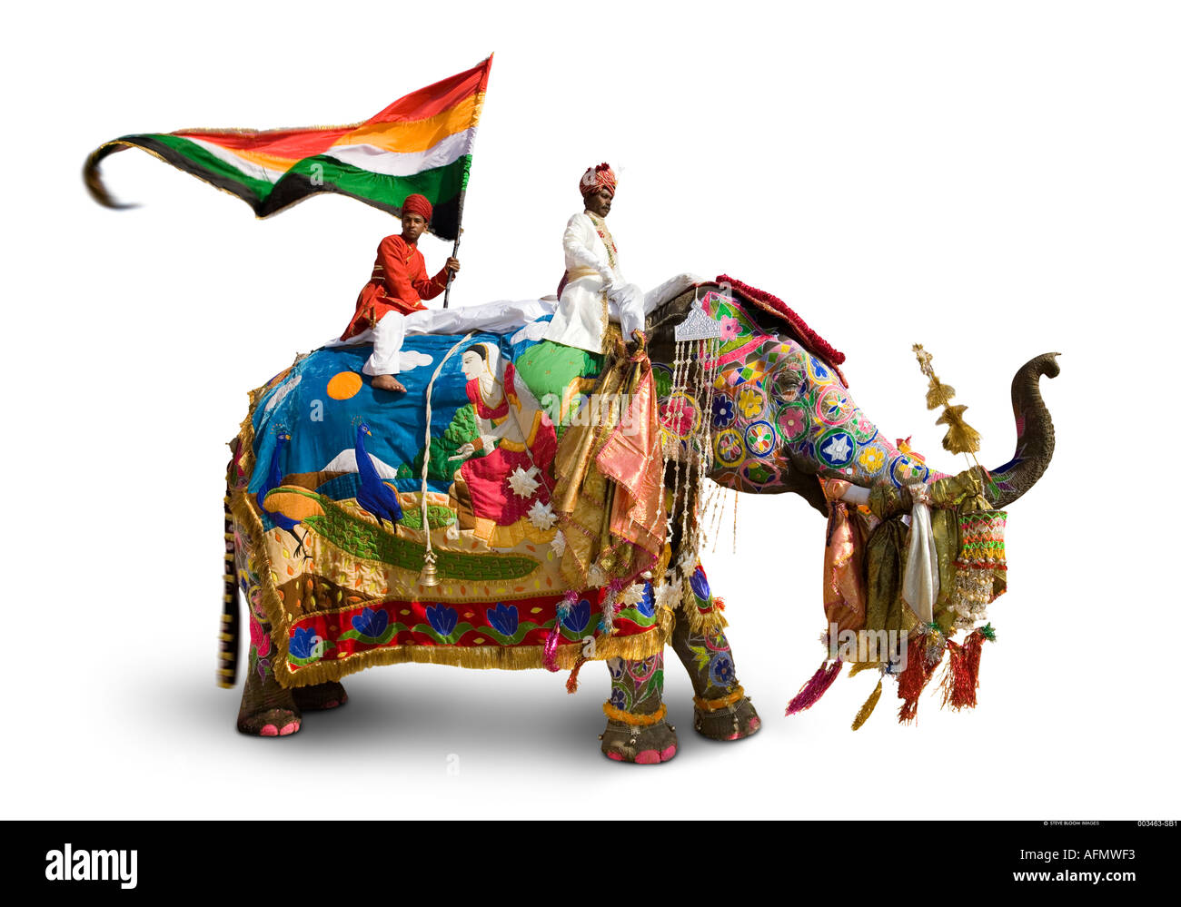 Porte-drapeau de l'éléphant mahout et tous habillés pour le festival de l'Inde Jaipur sur fond blanc Banque D'Images