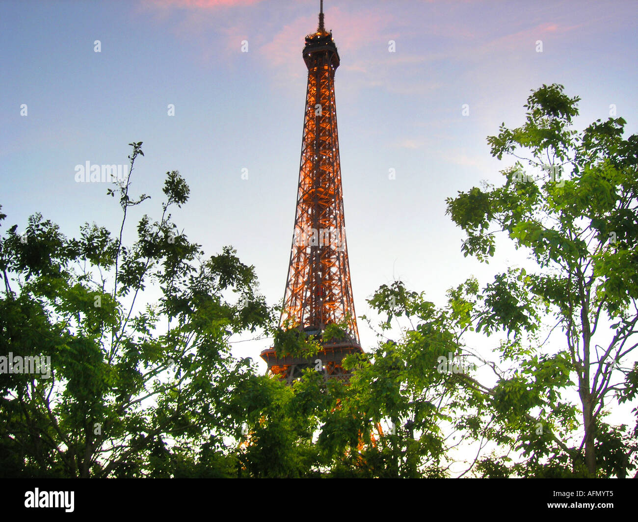 Tour Eiffel à Paris vu à travers les arbres du parc du Champ de Mars Paris France Banque D'Images