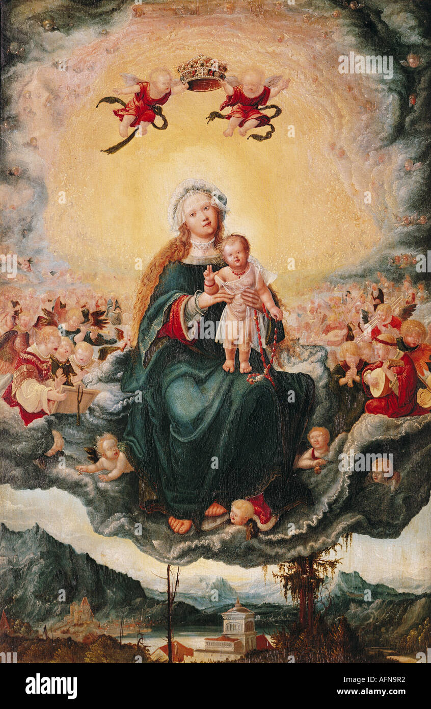 'Fine Arts,,, Albrecht, (1480 - 1538), peinture, 'Saint Marie avec l'enfant en gloire', vers 1525, bois, 65,7 cm Banque D'Images