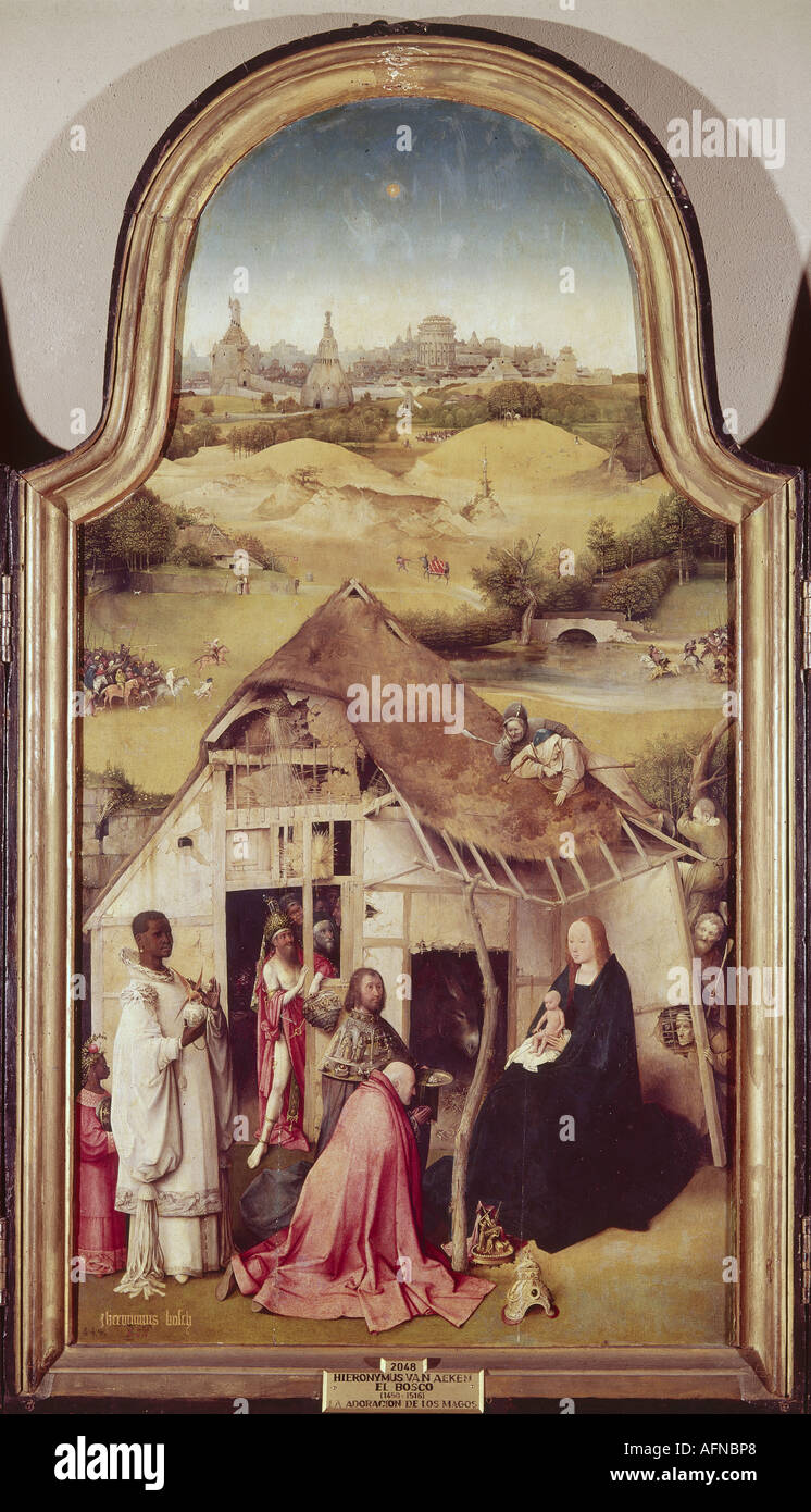 'Fine Arts, Bosch, Hieronymus, (vers 1450 - 1516), peinture, "Adoration des Mages", détail, vers 1510, huile sur panneau, 138 c Banque D'Images