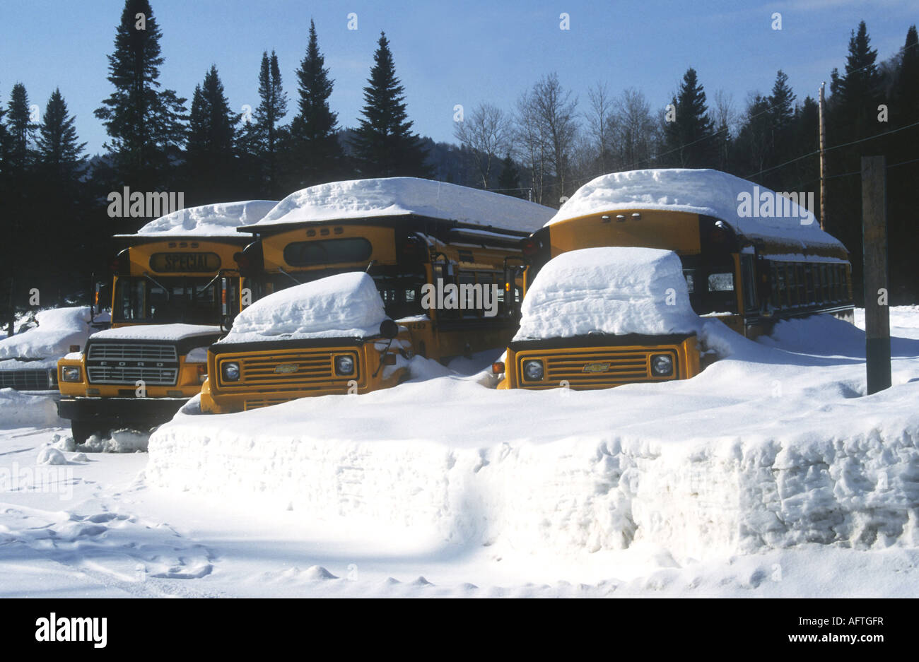 Du jour au lendemain la neige sur les autobus scolaires au Québec, Canada Banque D'Images