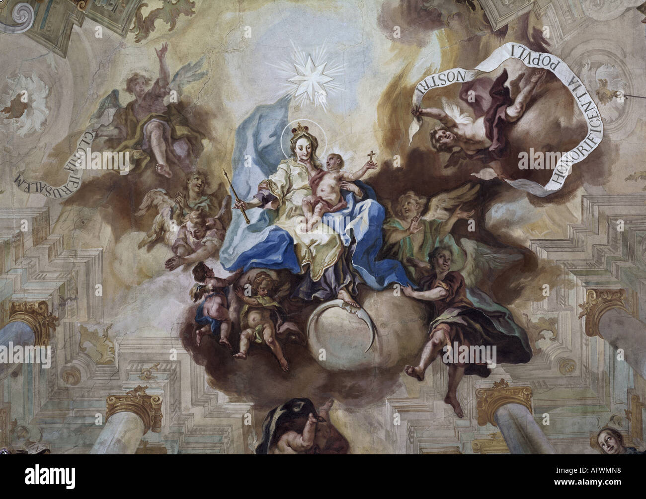 Beaux-arts, art religieux, Saint Marie, Marie comme Reine du Ciel, détail, Marie avec Jésus enfant, fresque, par Gottfried Bernhard Göz (1708 - 1760), Bade-Wurtemberg, Birnau minster, auteur de l'artiste n'a pas à être effacée Banque D'Images