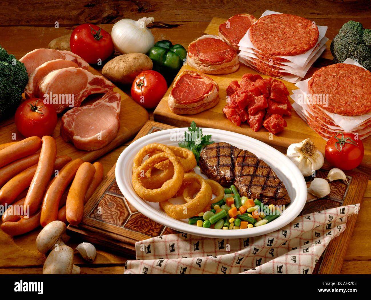 Grande diffusion ou de viande, boeuf, porc, steak nourriture Banque D'Images