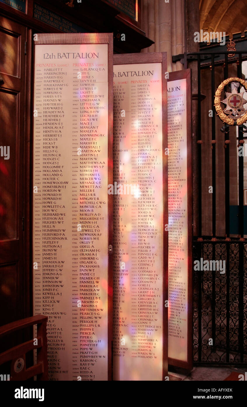 La lumière traverse une fenêtre vitrail sur des panneaux répertoriant toutes les 6 800 victimes du régimentaire de la Grande Guerre. Cathédrale De Chichester. Banque D'Images
