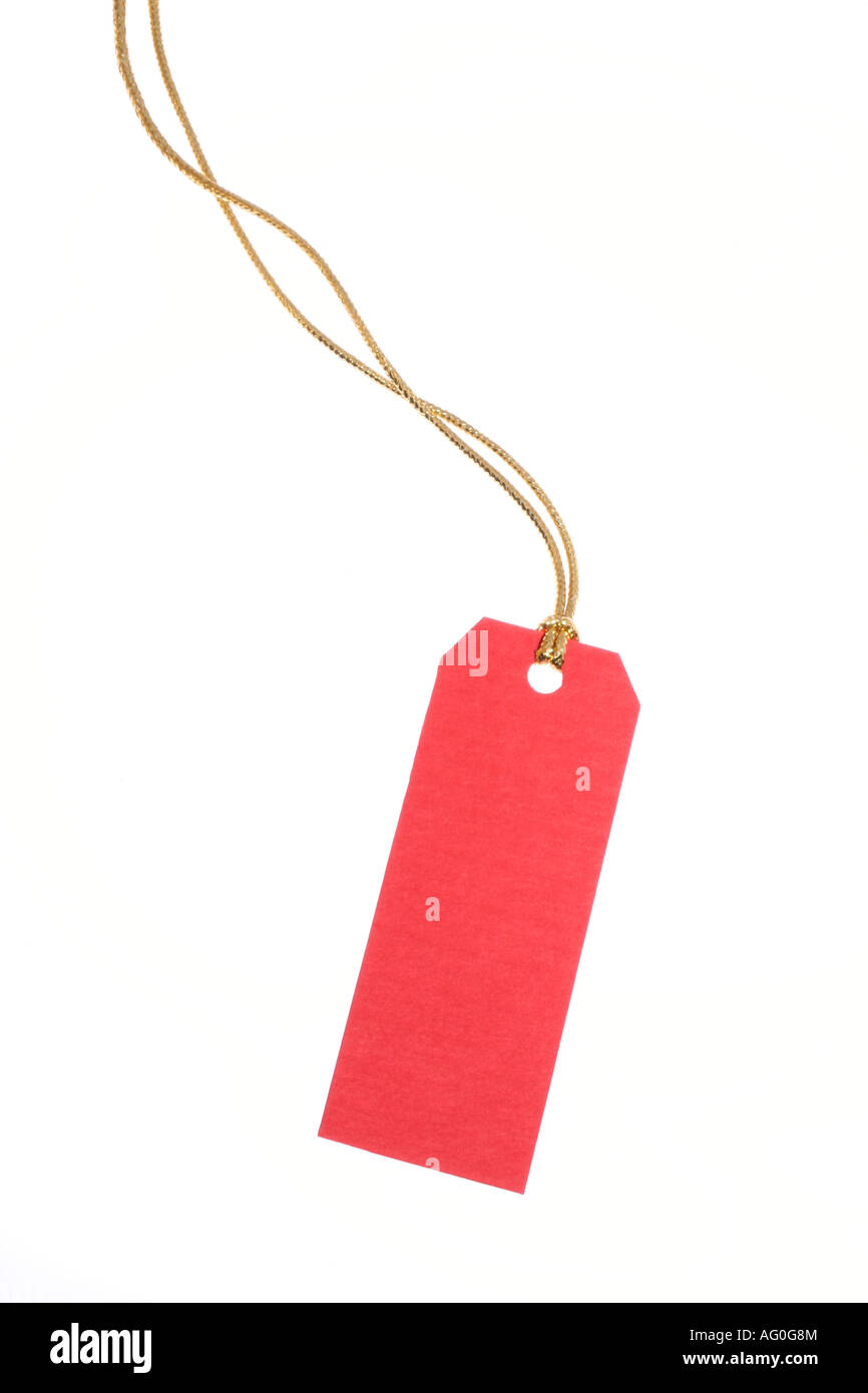 Tag cadeau rouge avec corde d'or Banque D'Images