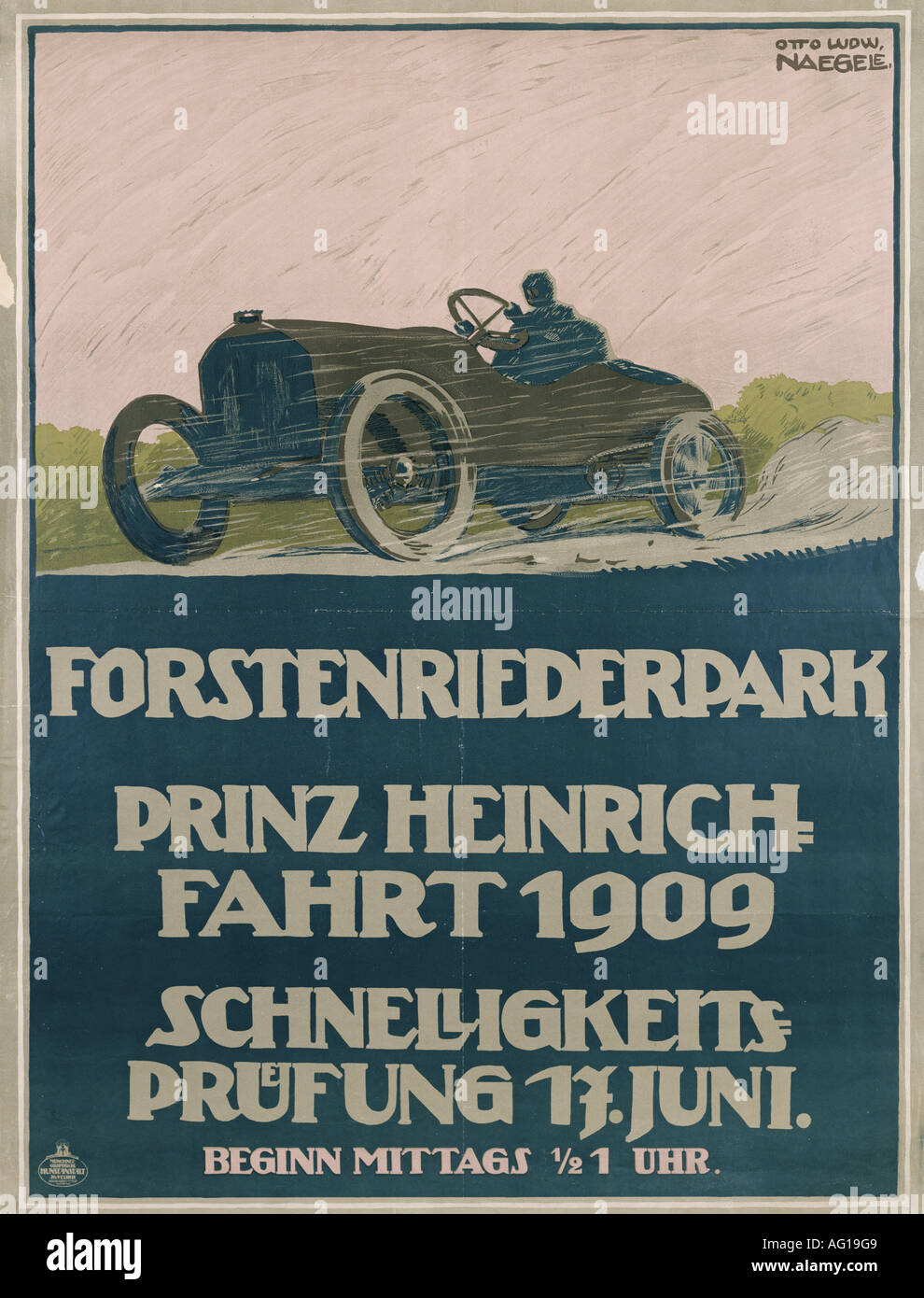 Publicité, trafic, course automobile, 'Prinz-Heinrich-Fahrt 1909', Parc Forstenrieder, Munich, affiche, design par Otto Ludwig Naegele (1880 - 1952), Banque D'Images