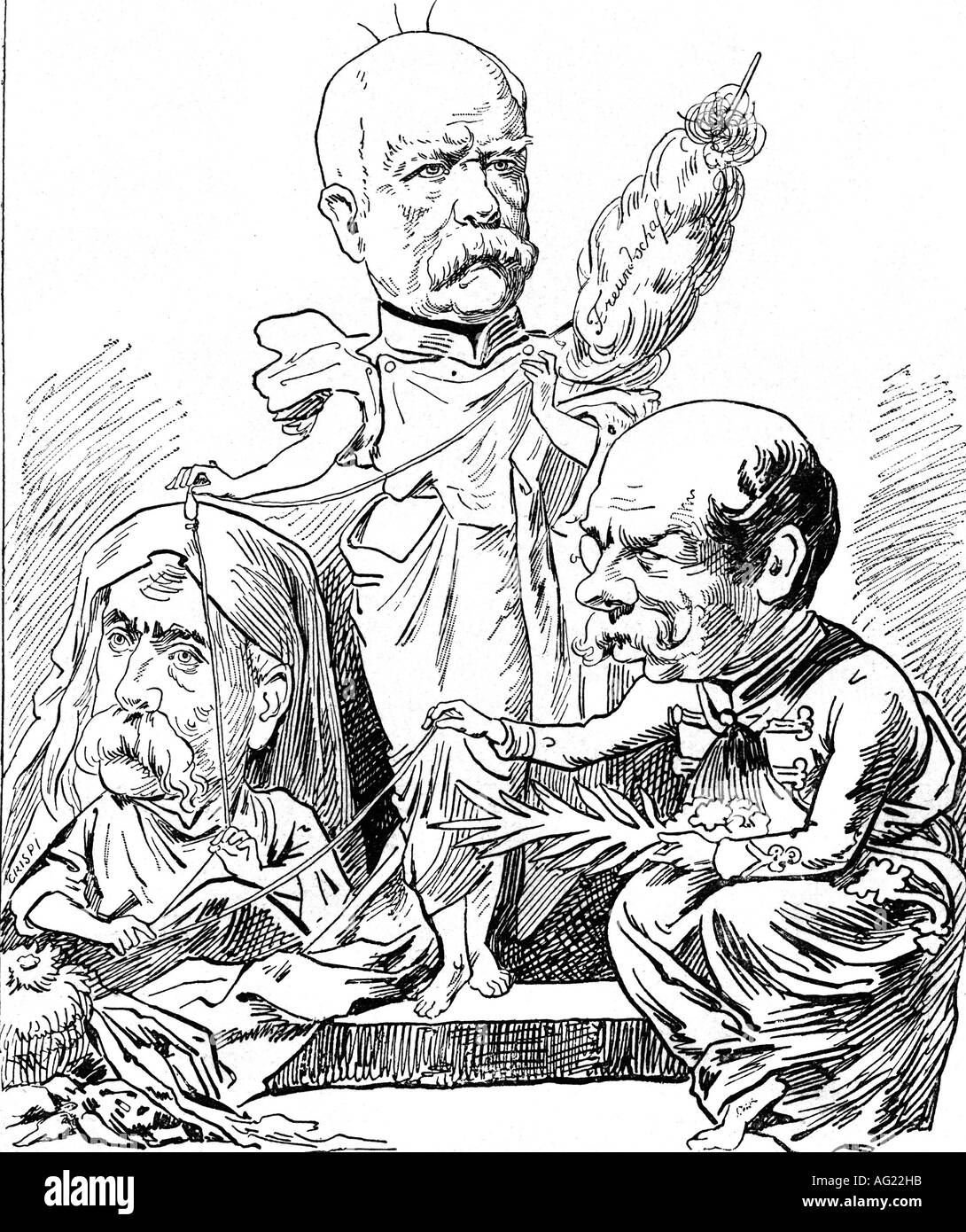 Bismarck, Otto von, 1.4.1815 - 30.7.1898, politicien allemand, Chancelier 21.3.1871 - 20.3.1890, caricature, Triple alliance 1882, les fates et la fibre d'amitié, 'Lustige Blätter', gravure, politique, Allemagne, Gustav Count Kalnoky, Autriche-Hongrie, Francesco Crsipi, Italie, historique, Prince, Autriche, Hongrie Banque D'Images