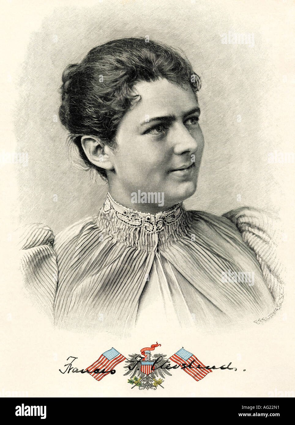 Cleveland, Frances, 21.7.1864 - 29.10.1947, première Dame des États-Unis 4.3.1885 - 4.3.1887 et 4.3.1893 - 4.3.1897, Portrait, gravure du XIXe siècle, née Frances Folsom, signature, rocal, , Banque D'Images