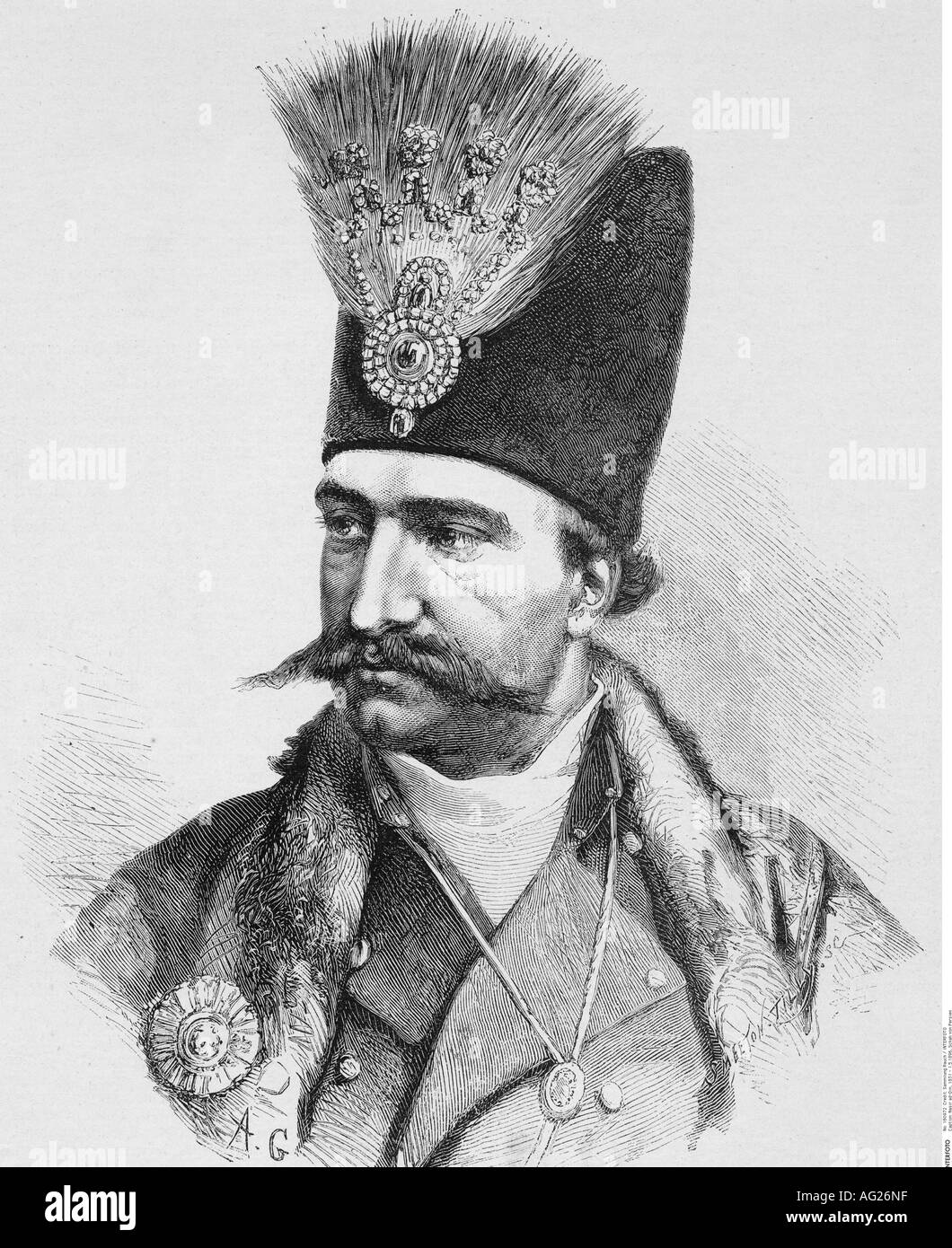 Nasser-al-Din Shah, 1831 - 1.5.1896, Shah of Persia 13.9.1848 - 1.5.1896, portrait, gravure, XIXe siècle, Qajar, Nassereddin Shah, Nassir, Iran, Banque D'Images