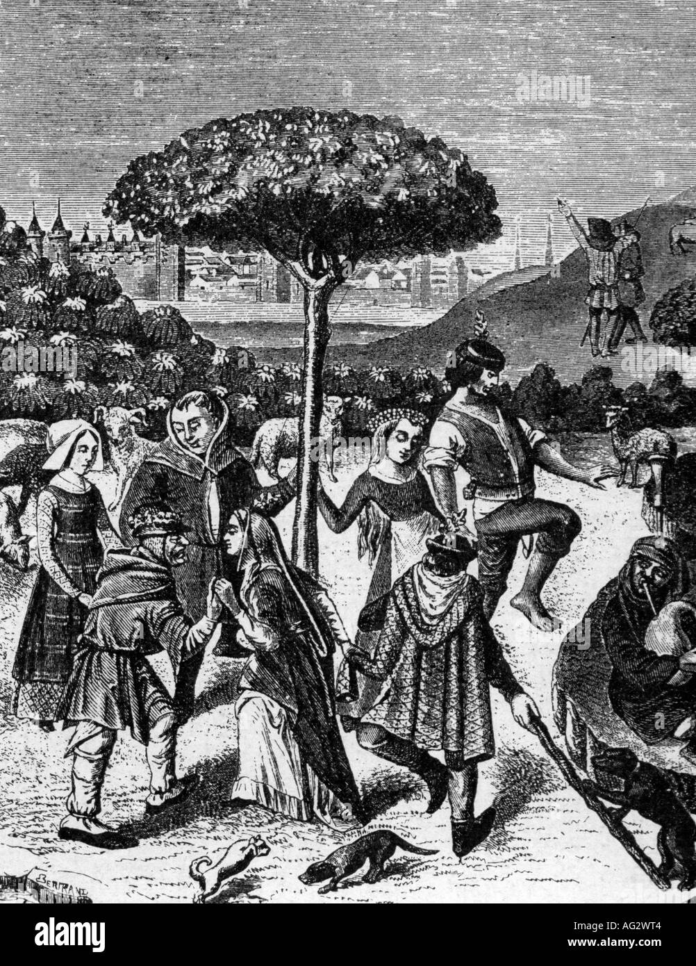 Tradition, maypole, peut danser, après illustration, livre d'heures, France, XVe siècle, historique, historique, danse, mai, âge moyen, personnes, Banque D'Images