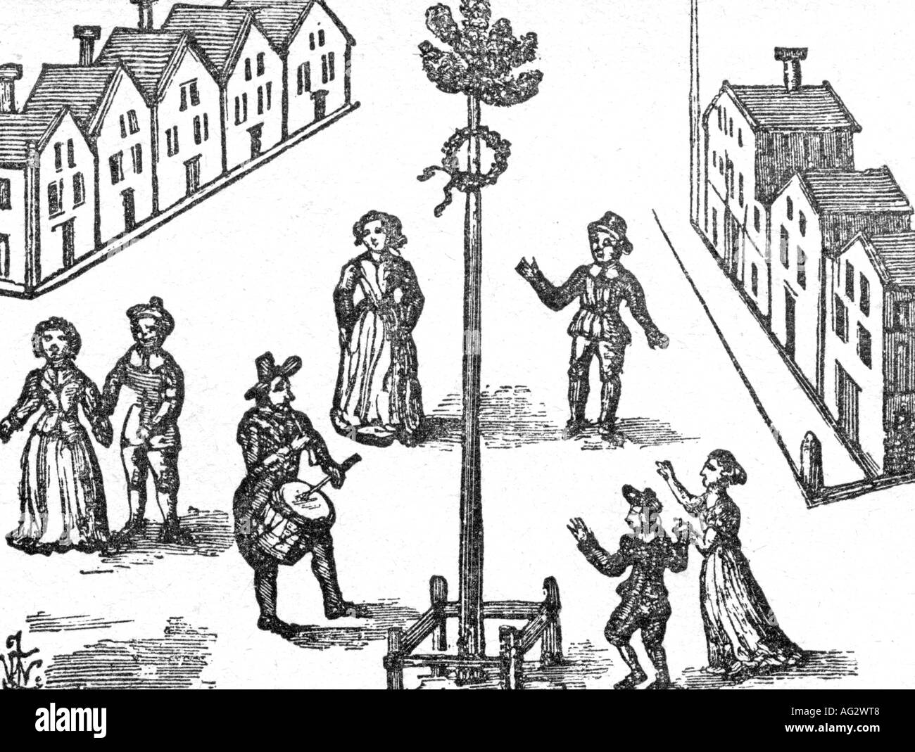 tradition, maypole, peut danser, graver, xviie siècle, historique, historique, peuple, Banque D'Images