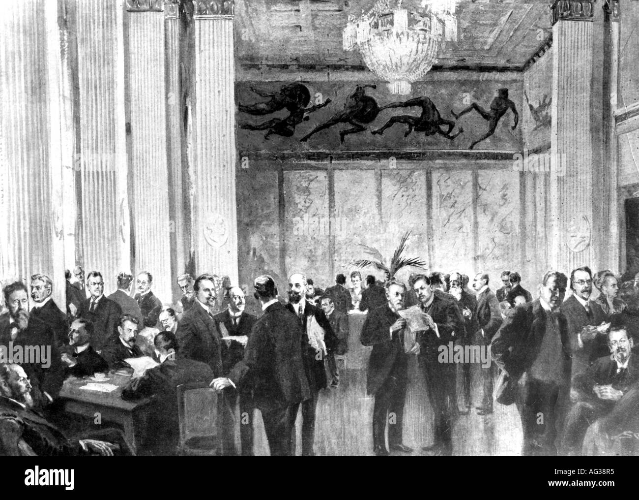 Géographie/voyages, Allemagne, politique, Assemblée nationale, salle de rafraîchissement, Deutsches Theatre, Weimar, 6.2.1919, dessin de Felix Schwormstädt, , Banque D'Images