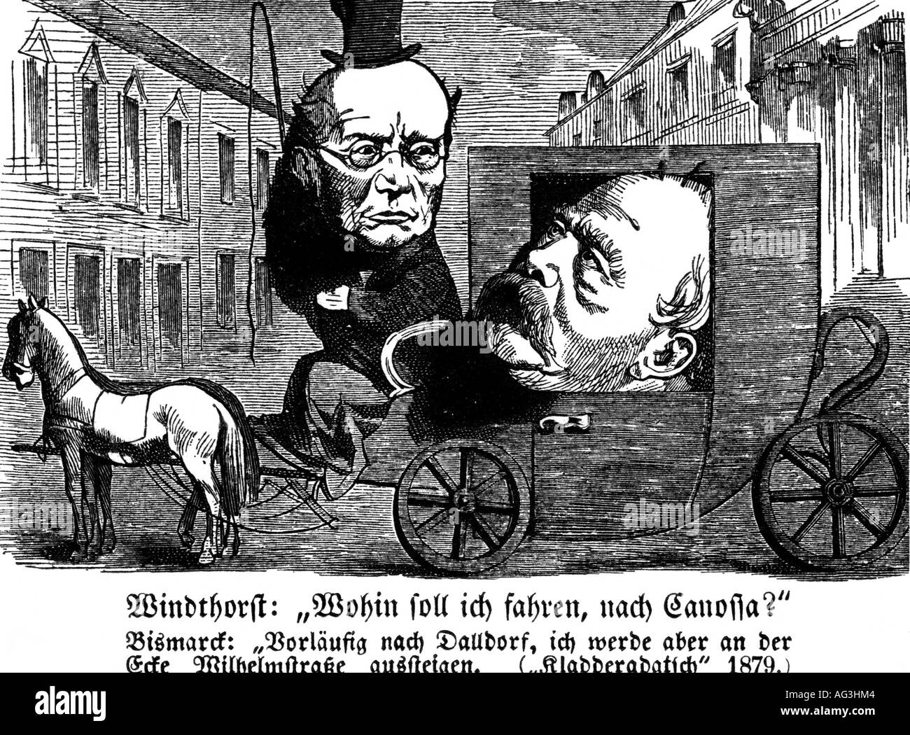 Bismarck, Otto von, 1.4.1815 - 30.7.1898, politicien allemand, chancelier 21.3.1871 - 20.3.1890, avec Ludwig Windthorst comme coachman, caricature, gravure, 'Kladderadatsch', 1879, politique, Allemagne, Banque D'Images