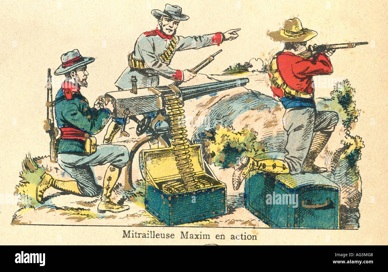 Événements, deuxième Guerre de Boer 1899 - 1902, armée de Boer, artillerie, Maxim machine gun, imprimer, 1900, détail, série 'la guerre de Transvaal', publiée par Marcel Vance et ses fils, Pont-A-Mousson, France, , Banque D'Images