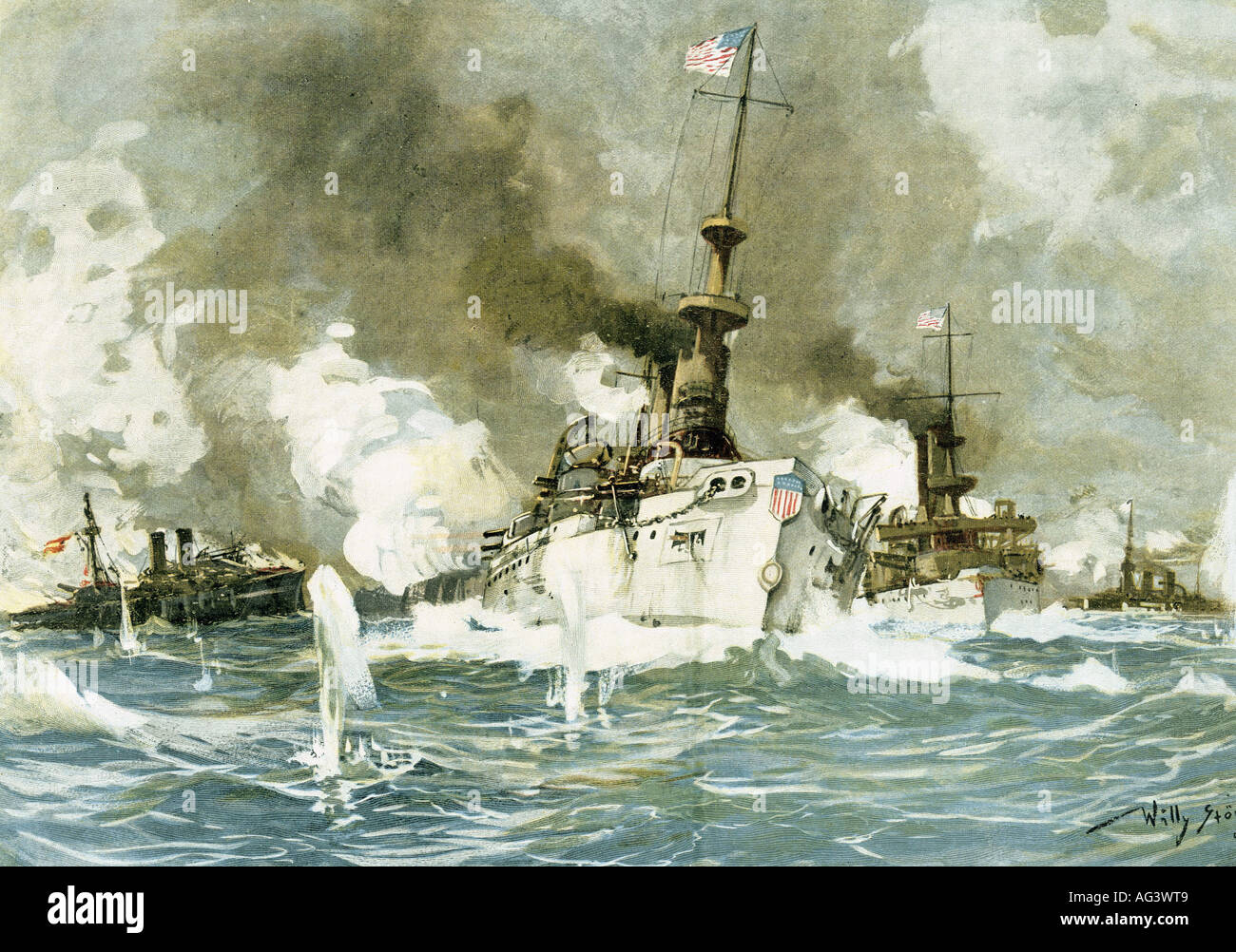 Événements, guerre hispano-américaine 1898, bataille navale à Santiago de Cuba 3.7.1898, après la peinture de Willy Stöwer, 1900, , Banque D'Images