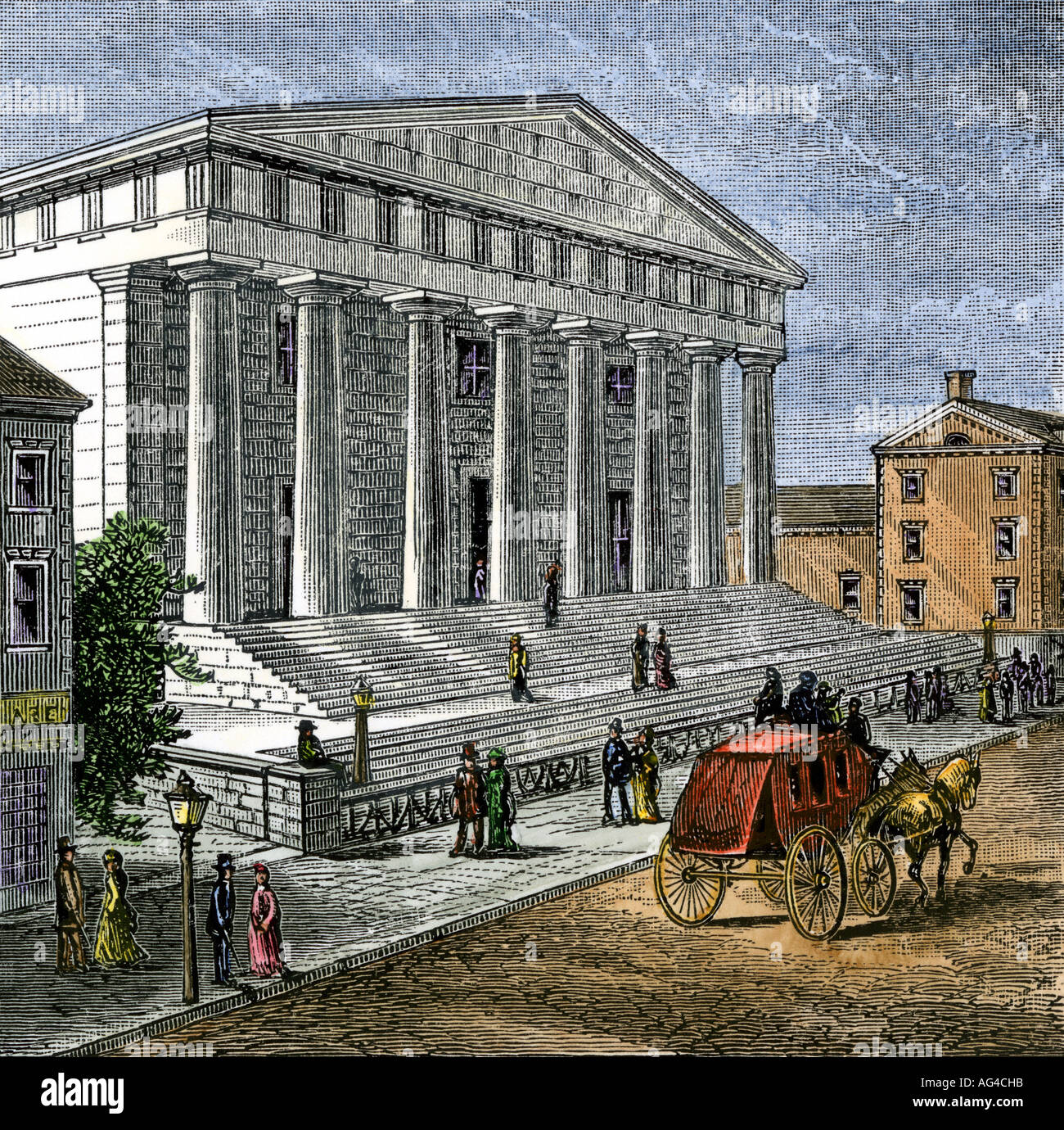 La banque des États-Unis à Philadelphie vers 1830. À la main, gravure sur bois Banque D'Images