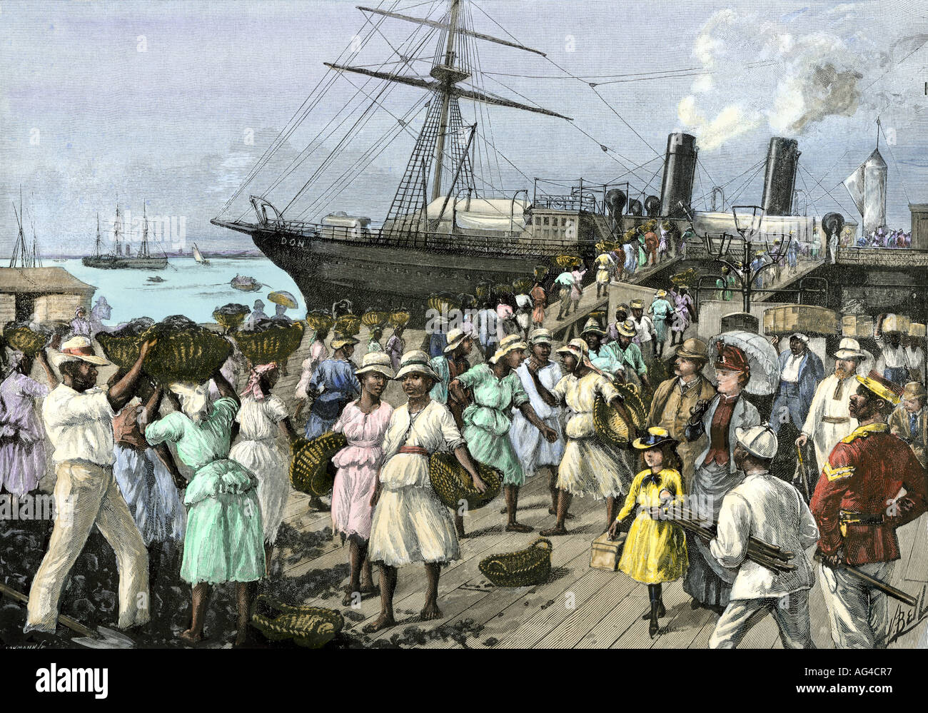 Les femmes indigènes transportant du charbon pour un vapeur à Kingston Jamaïque 1880. La main, d'une illustration de demi-teinte Banque D'Images