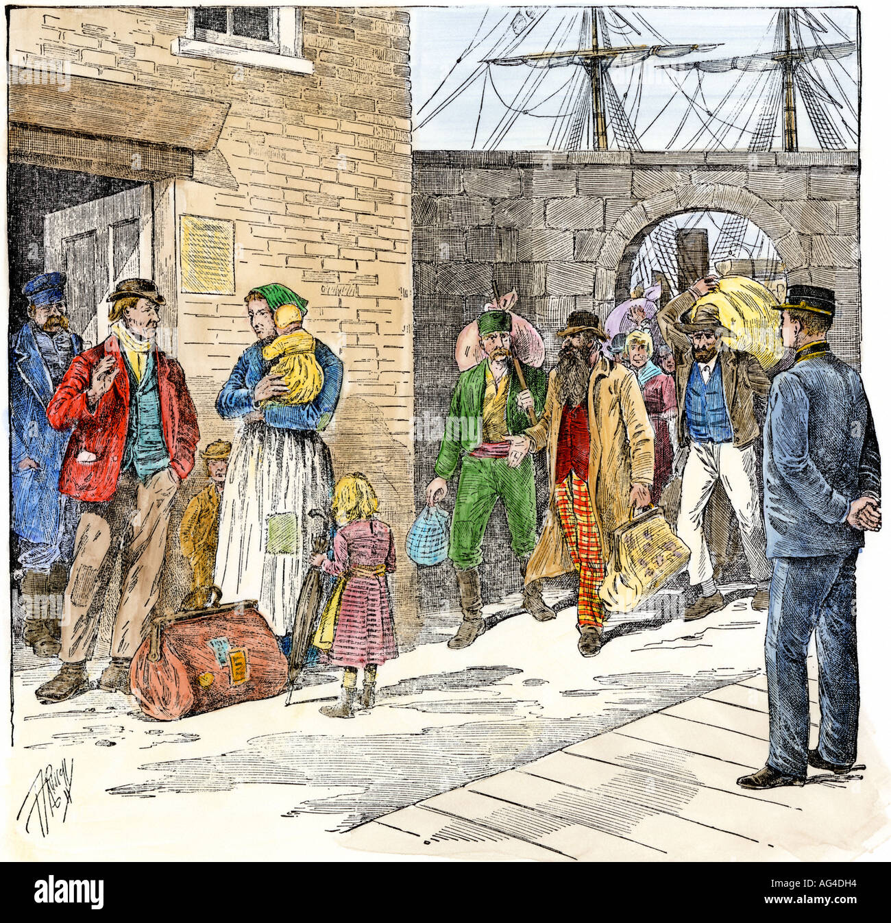 Les immigrants arrivant de contrat comme ouvriers dans un port américain des années 1800. À la main, gravure sur bois Banque D'Images