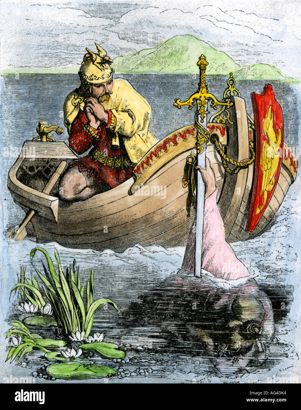Le Roi Arthur recevant son épée magique Excalibur de la Dame du lac. À la main, gravure sur bois Banque D'Images