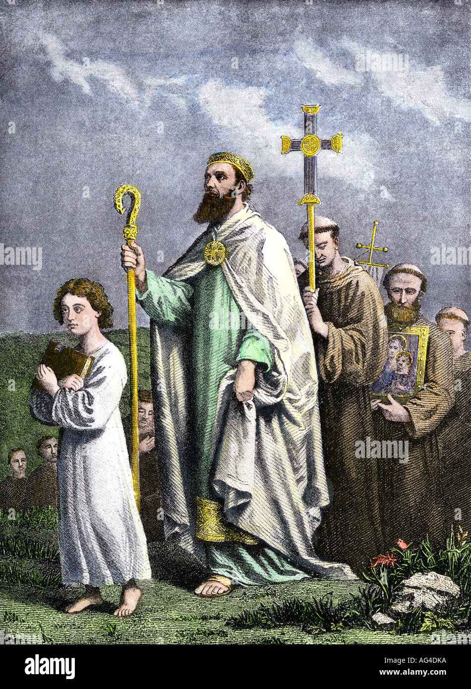 Saint Patrick cheminant à Tara pour convertir les Irlandais au Christianisme au 5ème siècle AD. La main, d'une illustration de demi-teinte Banque D'Images