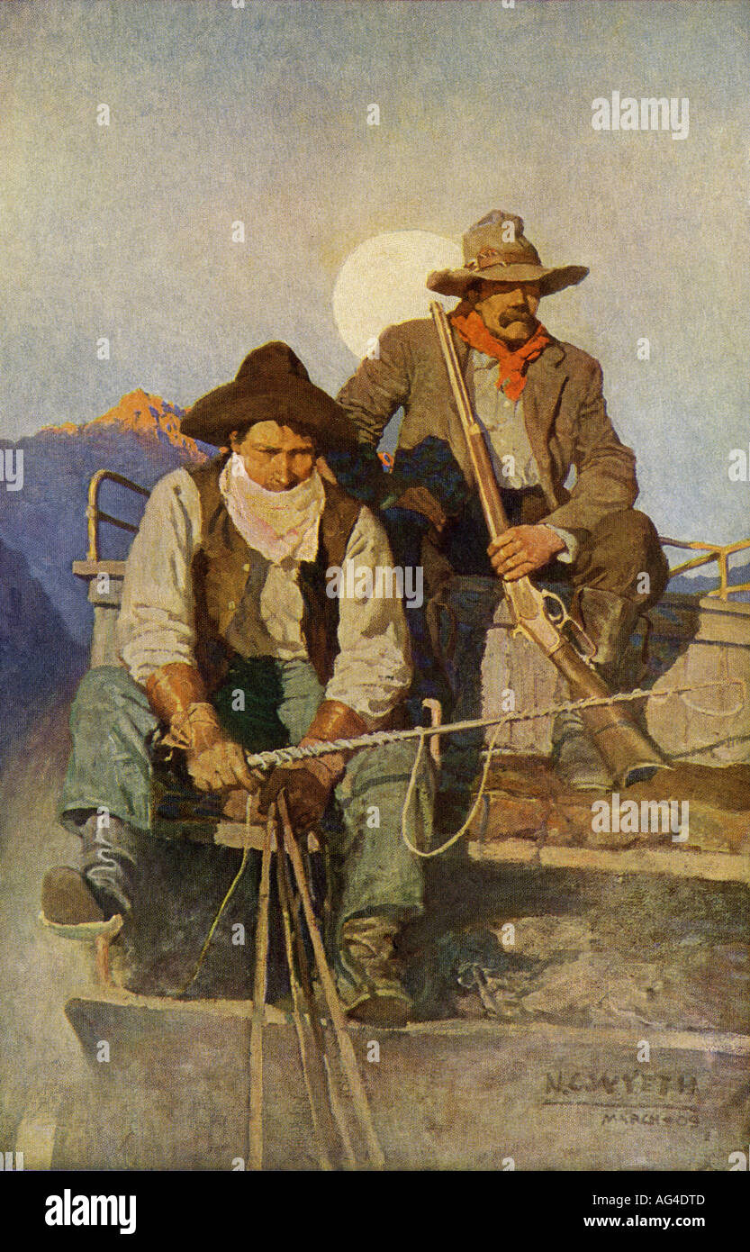 Conducteur de diligence et garde armée dans l'ouest. Demi-teinte de couleur d'une illustration Banque D'Images