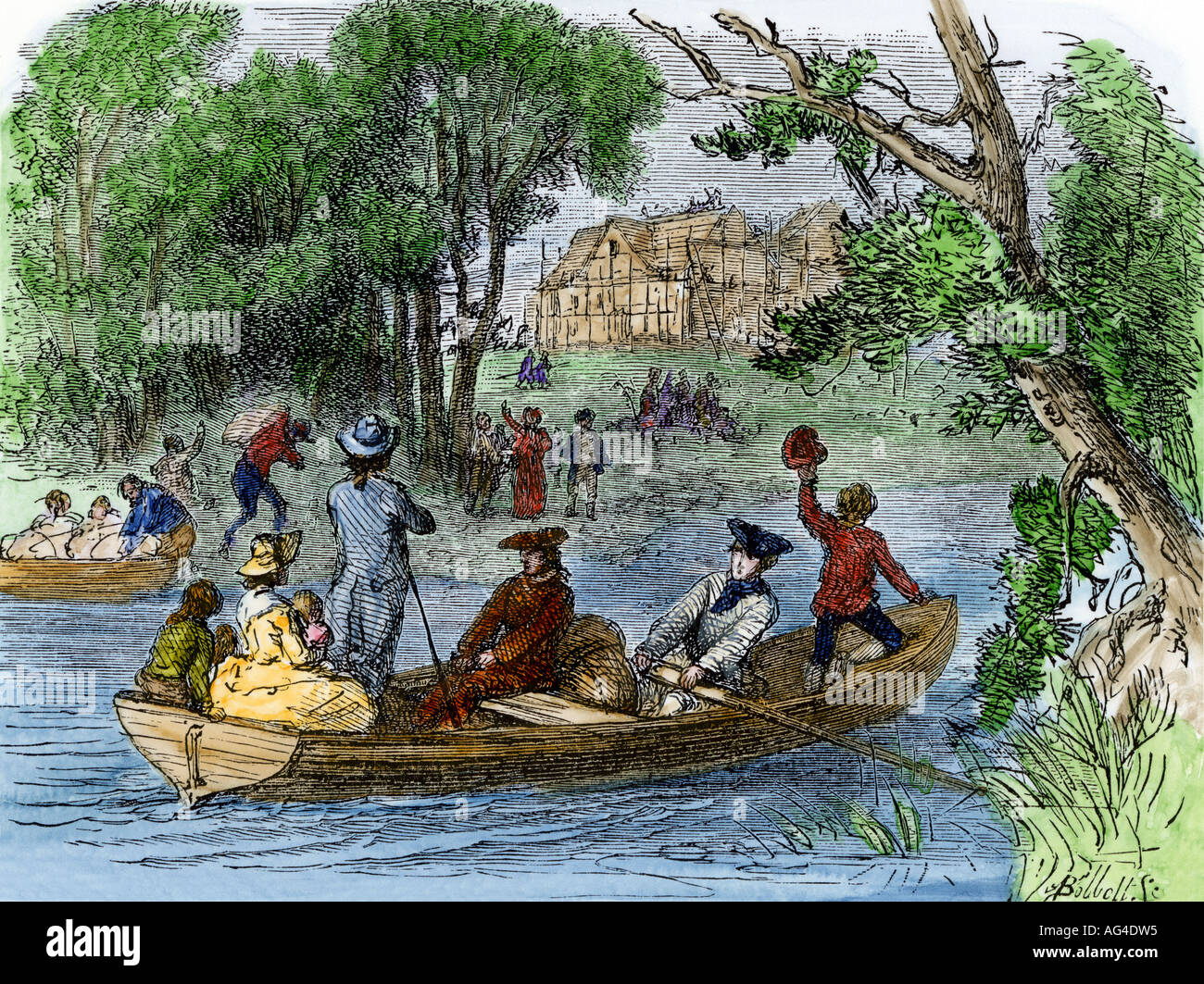 Pionniers sur la rivière Ohio, régler l'ancien territoire du nord-ouest fin des années 1700. À la main, gravure sur bois Banque D'Images