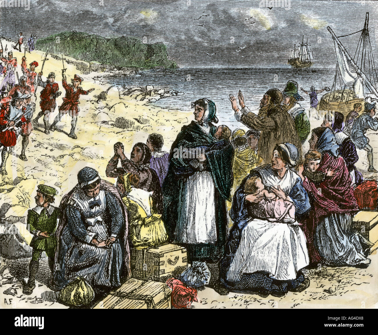 Tentative de vol les Puritains d'Angleterre. À la main, gravure sur bois Banque D'Images