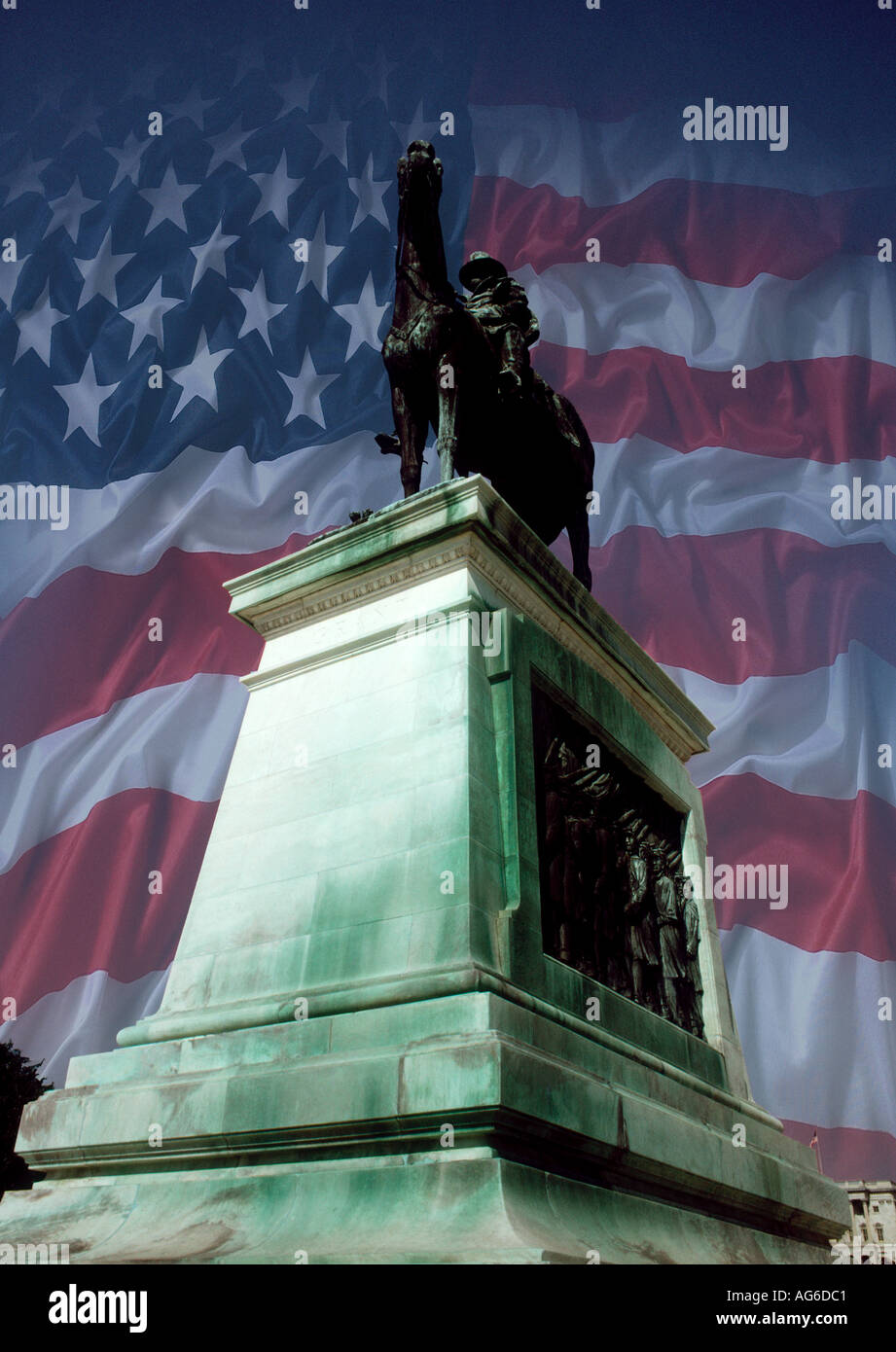 STATUE EN BRONZE du Général Ulysses Simpson Grant avec Stars and Stripes FLAG WASHINGTON DC Banque D'Images