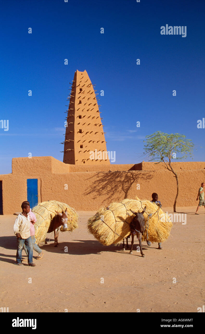 Agadez Niger ânes transportant avec en arrière-plan la mosquée hay Banque D'Images