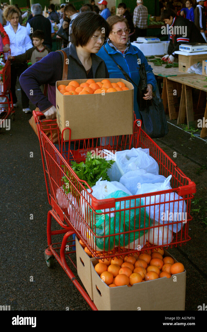 Une femme asiatique roues d'un chariot de fruits et légumes qu'elle boutiques à Flemington markets à Sydney Australie Banque D'Images