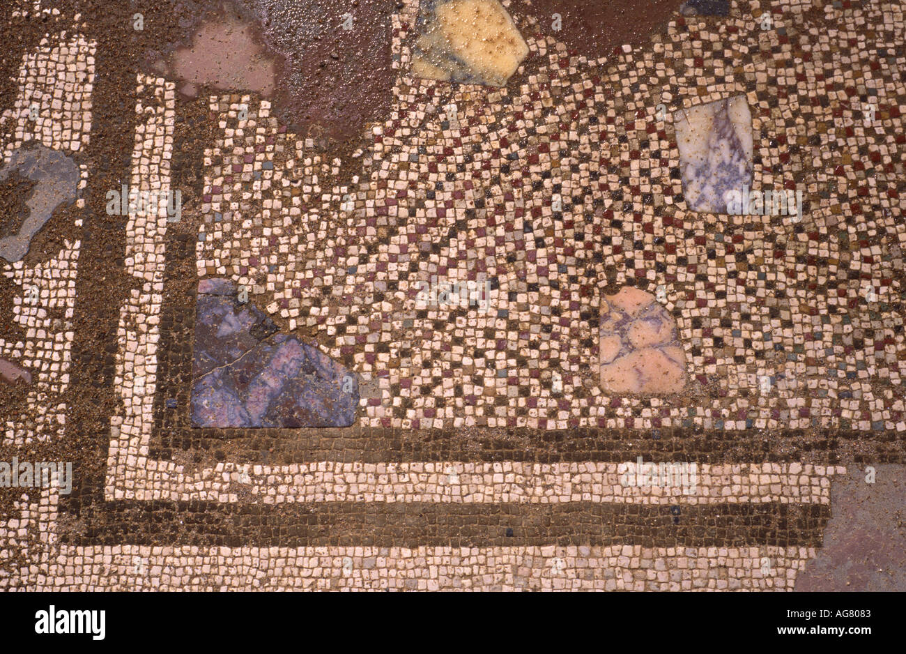 Détail d'un sol en mosaïque romaine datant de 1 à 1 de la C.-B. annonce dans chambre 2B à Empuries, Costa Brava, Espagne. Banque D'Images