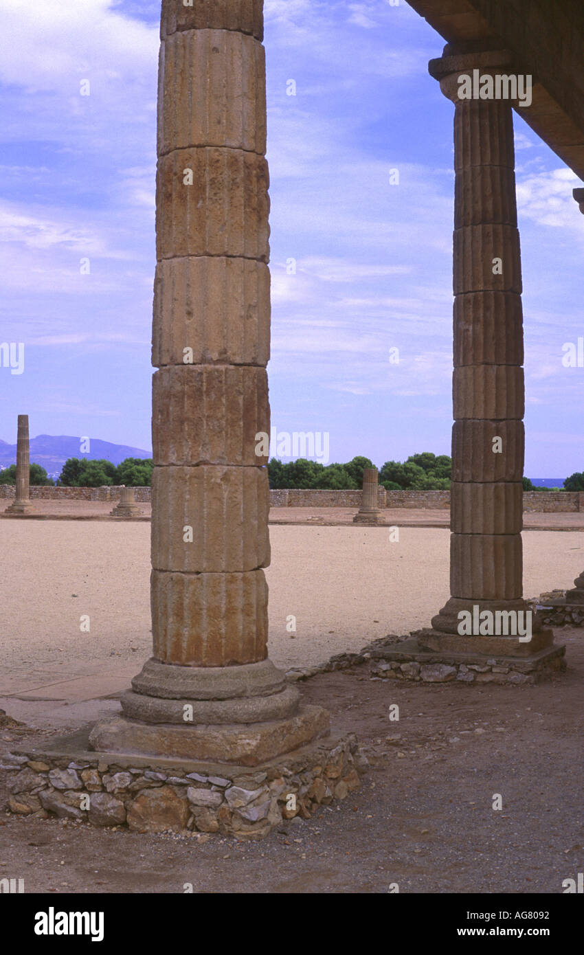 Une partie de la reconstruction de portico entourant le forum romain à Empuries, Costa Brava, Espagne. Banque D'Images