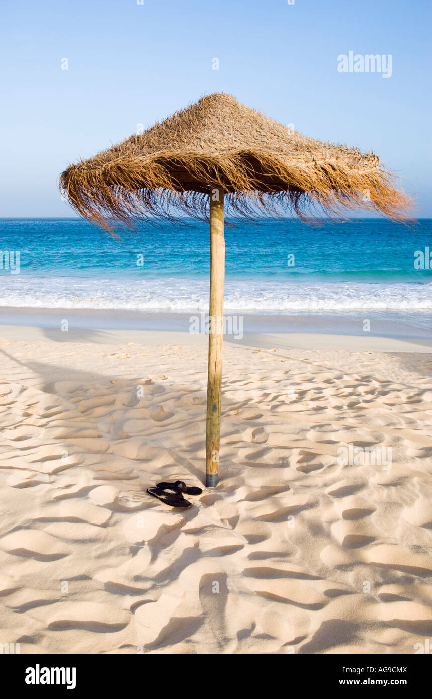 L'herbe d'un parasol sur une plage magnifique. Banque D'Images