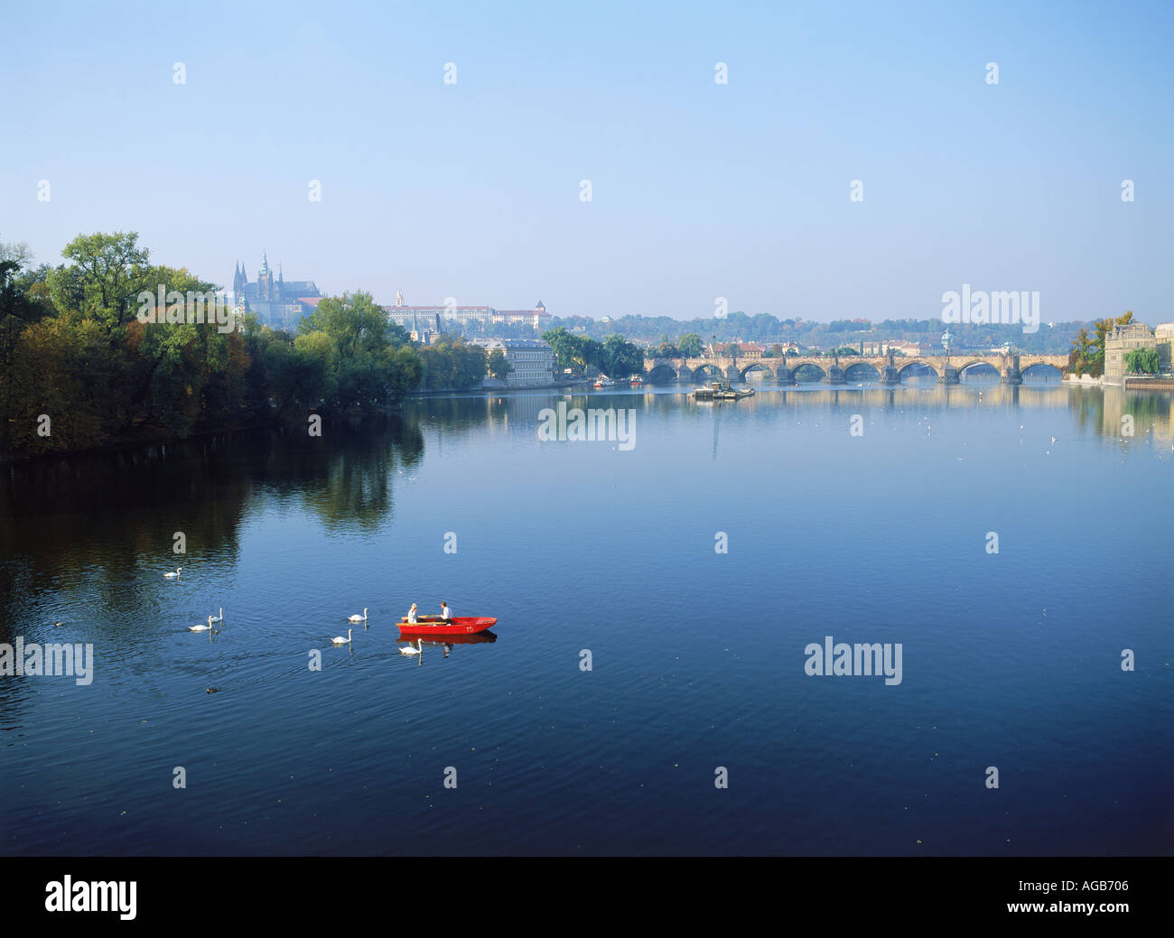 Alimentation deux cygnes de chaloupe rouge sur la Vltava avec le Pont Charles à Prague Banque D'Images