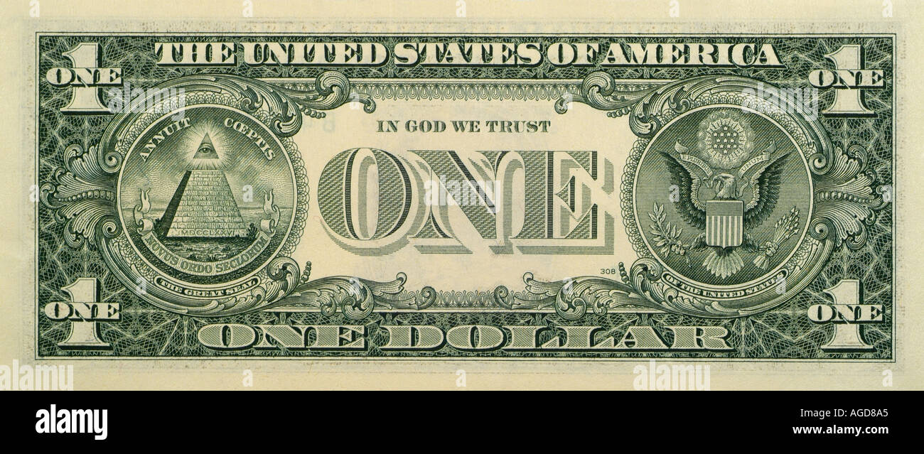 Verso d'un US One Dollar Bill, souvent désigné comme le Livre vert l'arrière. Banque D'Images