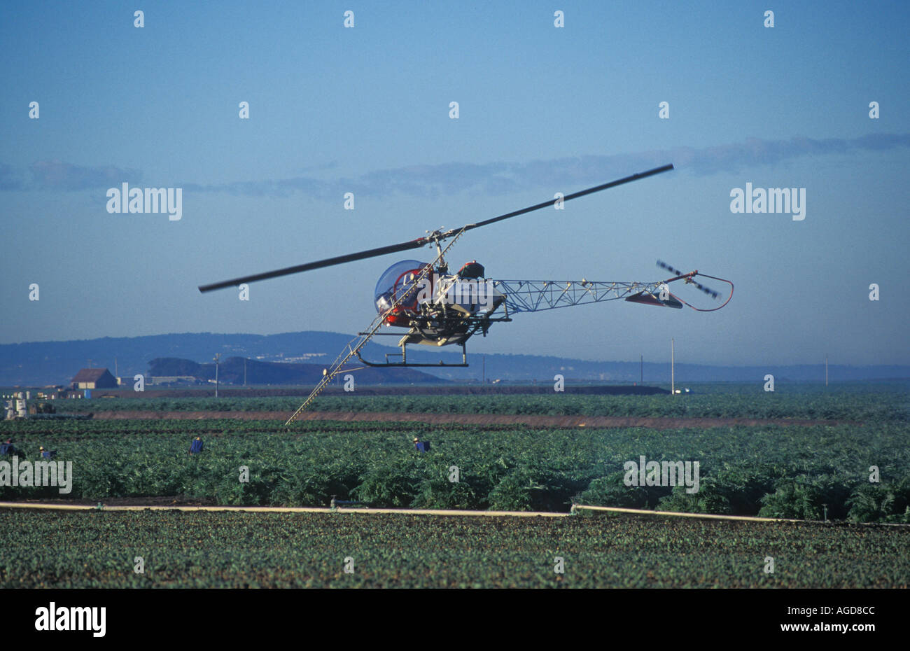 La pulvérisation par hélicoptère dans la vallée centrale de la Californie les cultures Banque D'Images