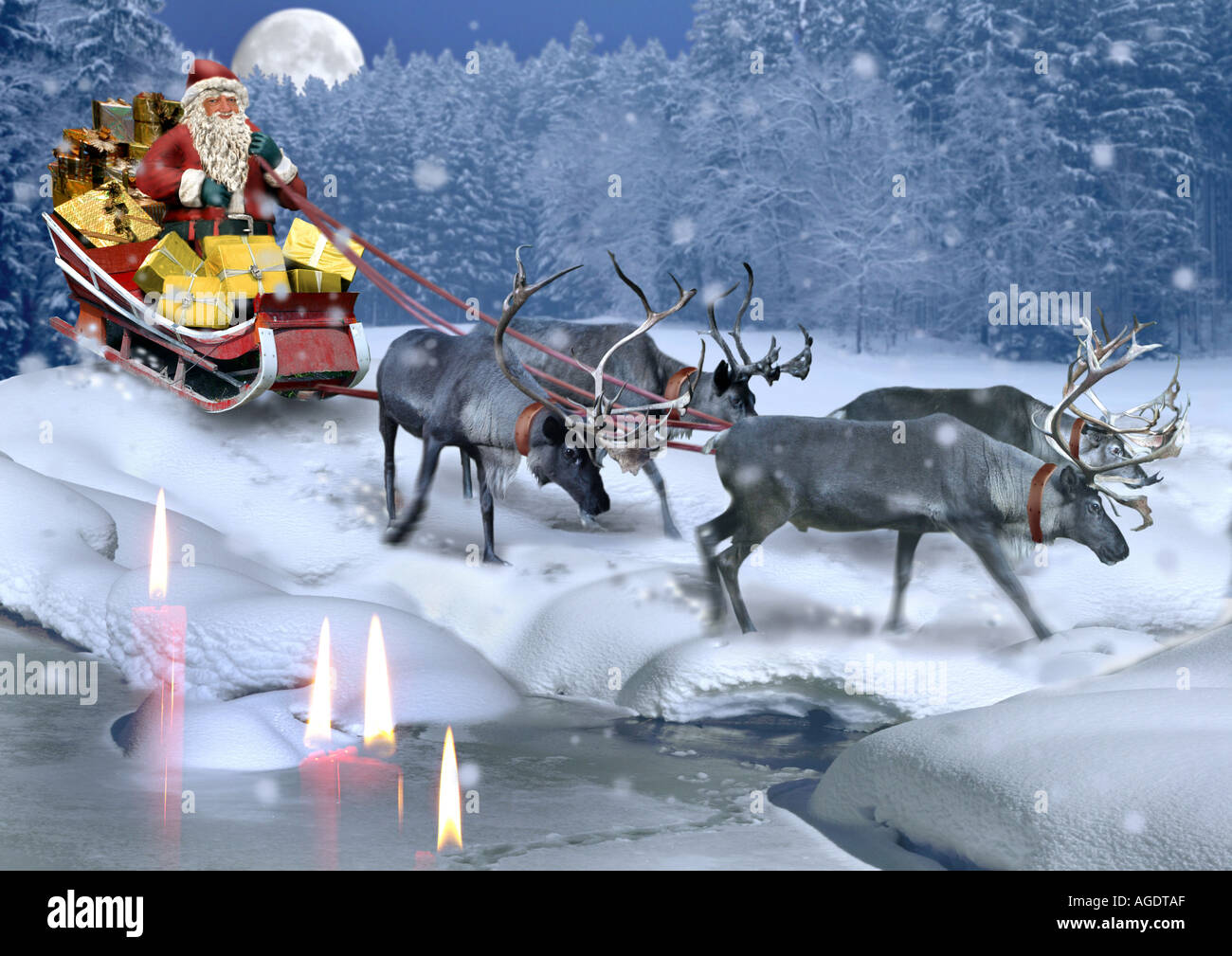 Le Père Noël a des rennes volants, qui tirent son traîneau dans les airs Banque D'Images