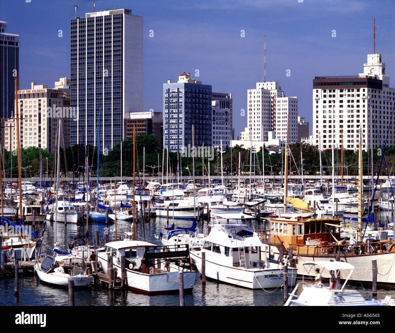 Marina de Plaisance à Miami en Floride avec les tours d'habitation comme fond pour myriade de bateaux Banque D'Images