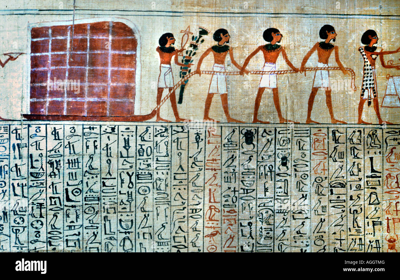 Les travailleurs montrant Papyrus faisant glisser les blocs. 1000 BC. L'Égypte. Banque D'Images