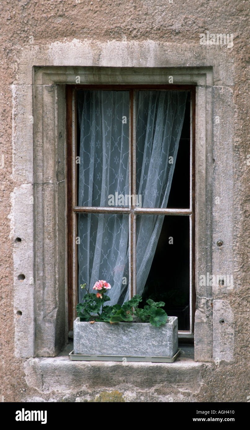 Vieille fenêtre avec géranium et des rideaux blancs vu à St Ursanne Jura Suisse Banque D'Images
