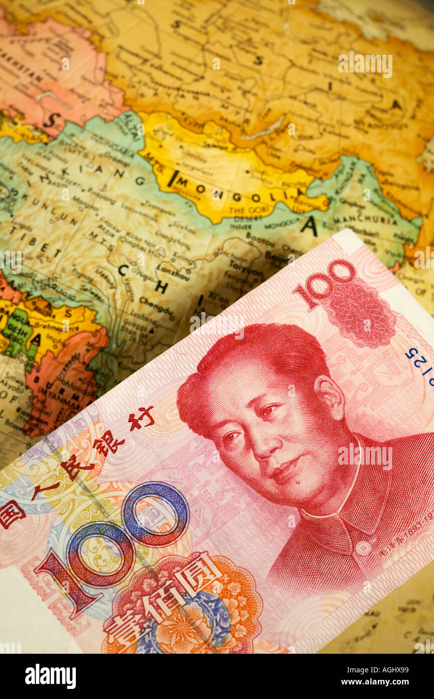Chine monnaie chinoise Yuan avec carte de Chine Contexte Banque D'Images