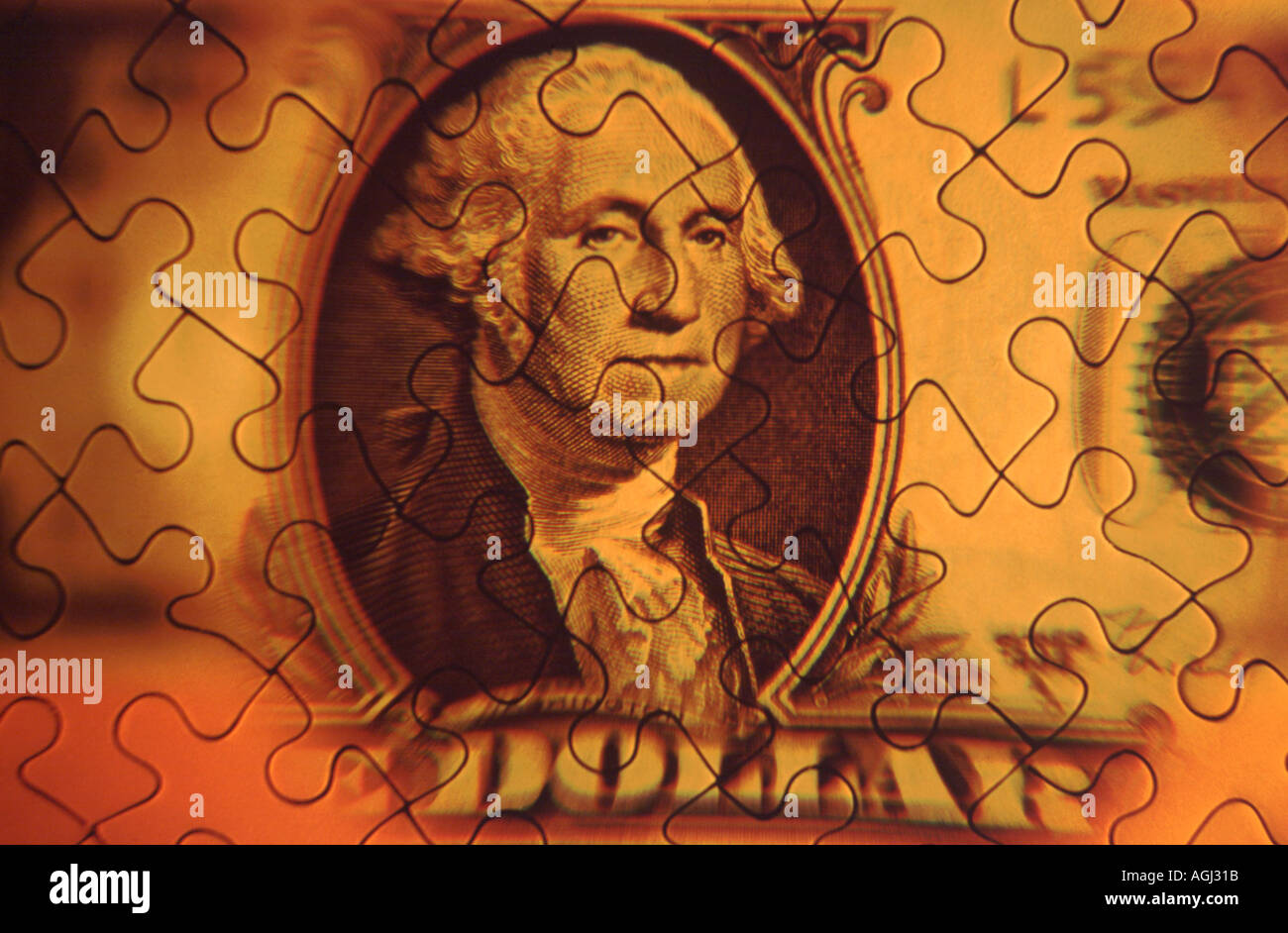 Puzzle de George Washington sur United States one dollar bill close up Banque D'Images