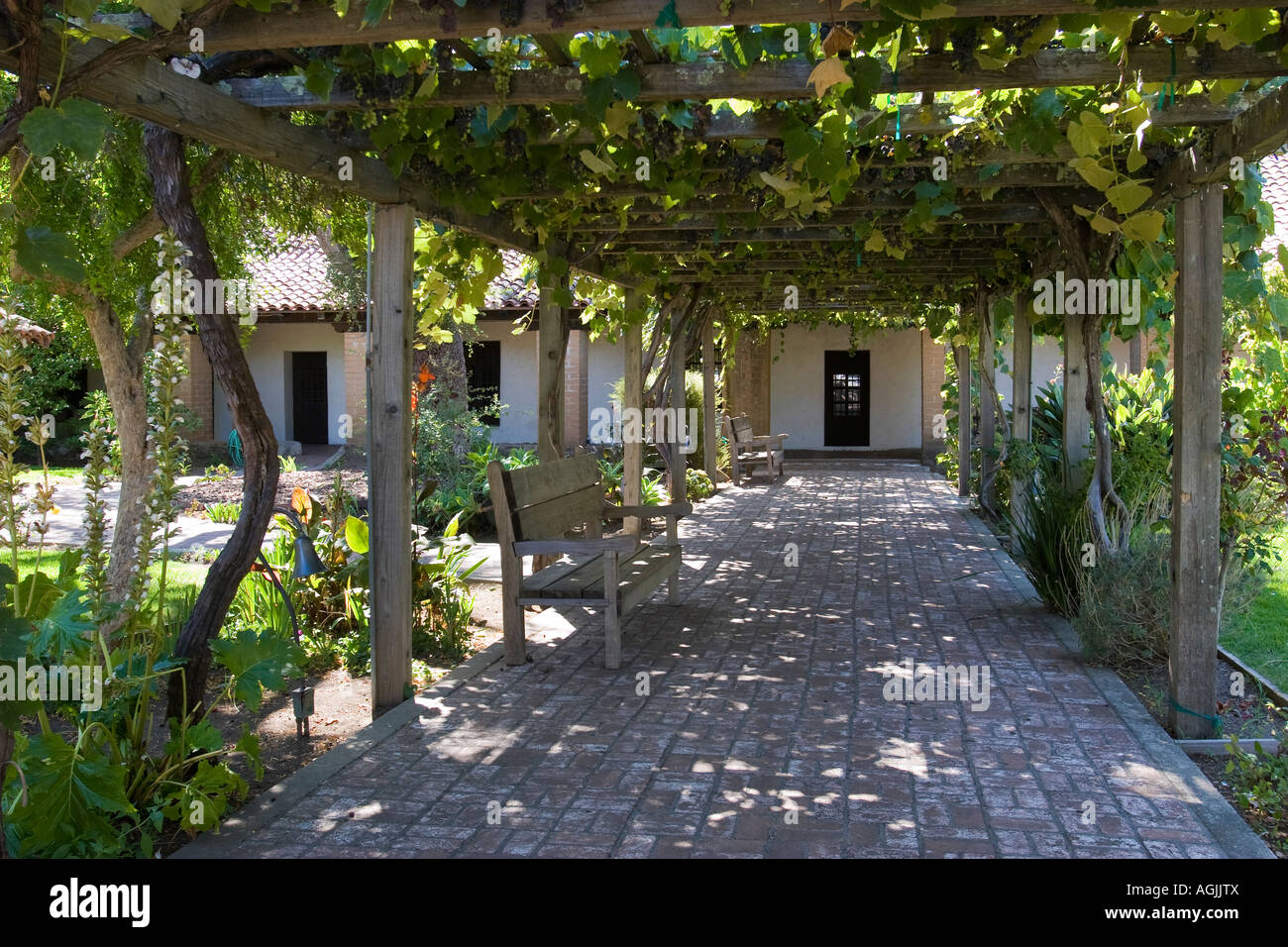 Trellis fournissant de l'ombre plus allée en brique cour de la Mission San  Luis Obispo de Tolosa, en Californie Photo Stock - Alamy