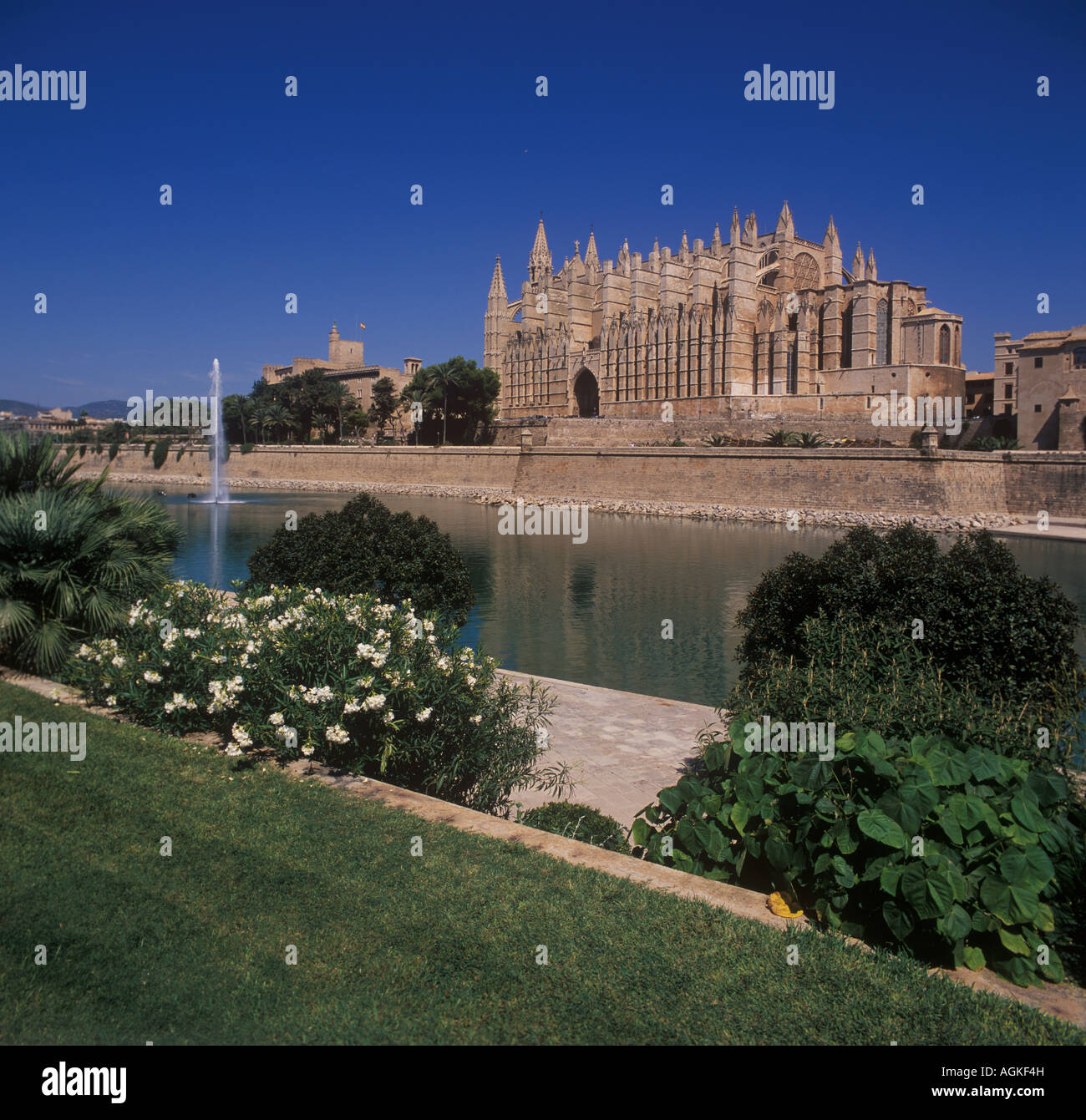 Cathédrale gothique historique ( également connu sous le nom de la Seu ) - la date majeure de dominer Palma plus Parc de La Mar, fontaine et le lac Banque D'Images