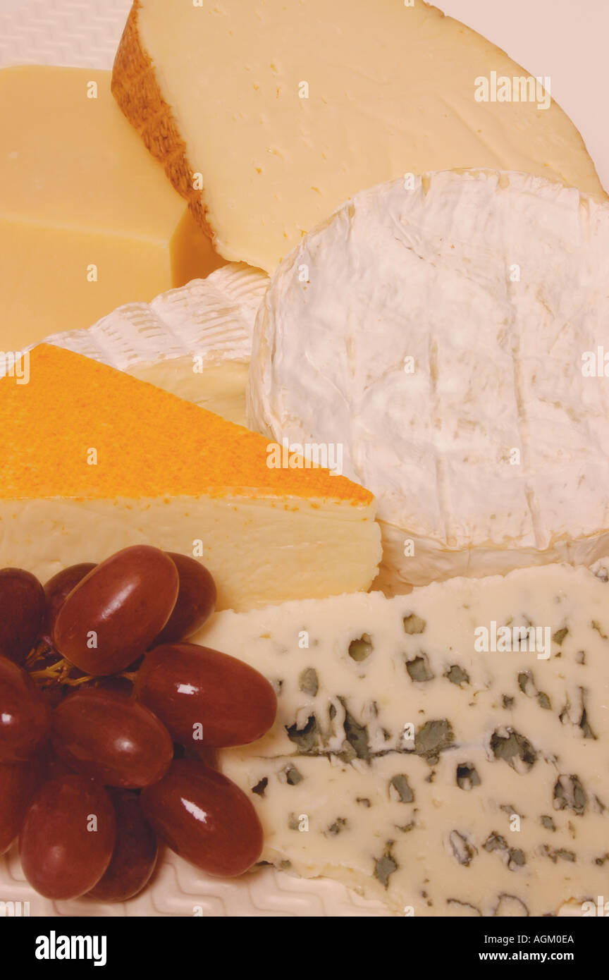 Gros plan du plateau de fromages, plateau de fromages, plateau de fromages et raisins rouges Banque D'Images
