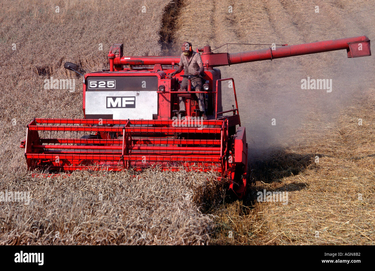 Moissonneuse-batteuse rouge la récolte du blé de près de Winchcombe Cotswolds UK Banque D'Images