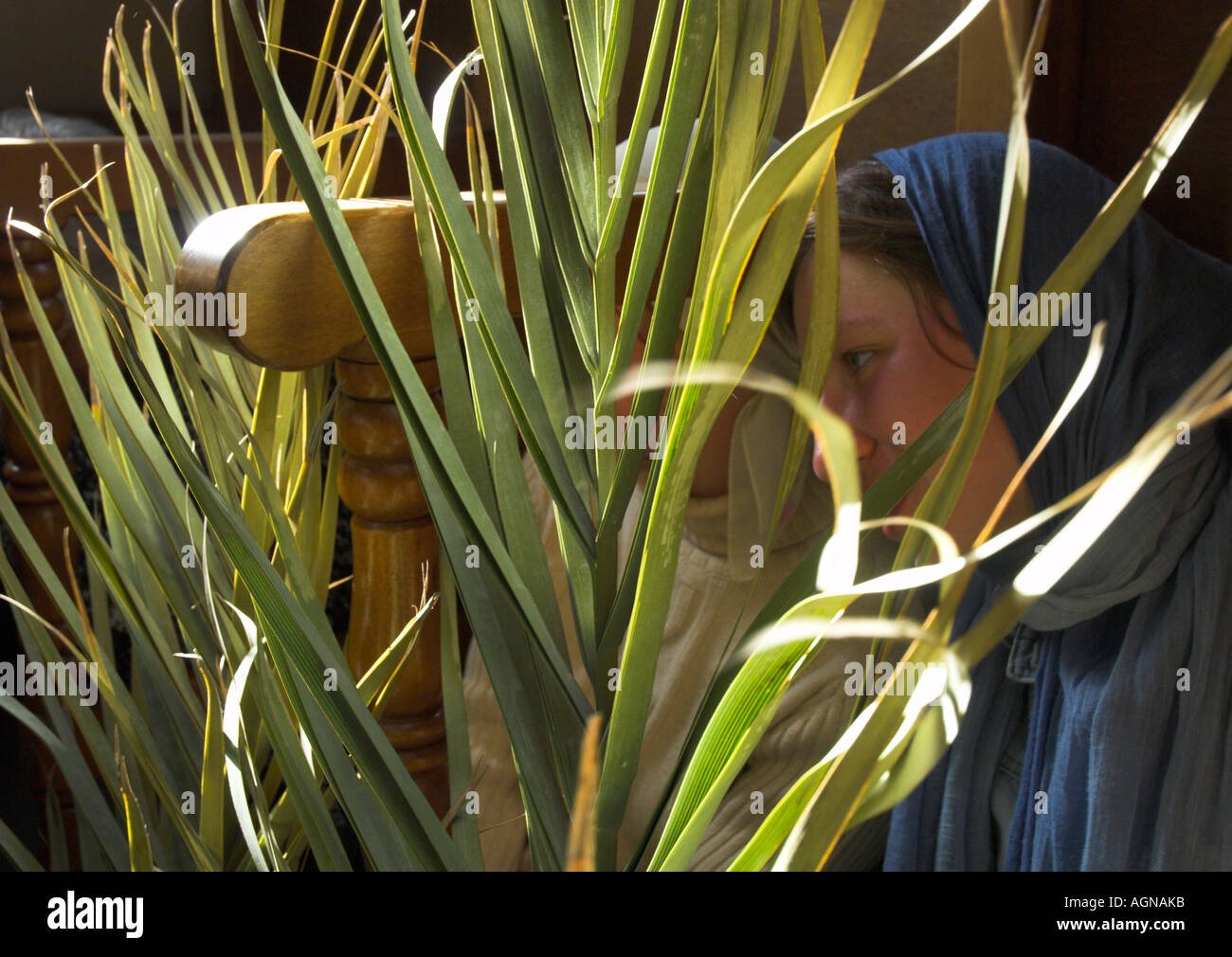 Mont des Oliviers Jérusalem Israël Palm procession orthodoxe de Betphage à la vieille ville portrait de jeune femme à l'église avec p Banque D'Images